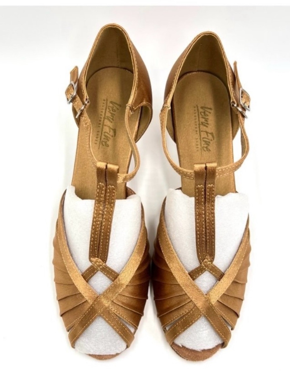 Very Fine Satin T-Strap Heels in Tan